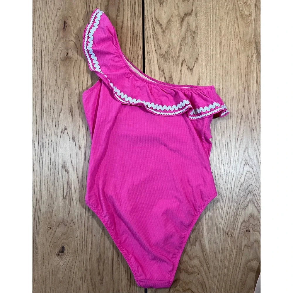 J.Crew One-Shoulder Ruffle One-Piece Swimsuit Womens 10 Pink Rickrack Preppy